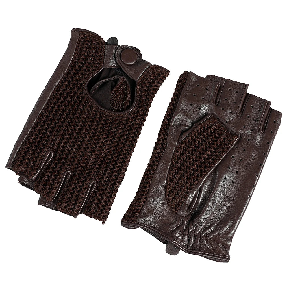 Men's Genuine Leather Driving Gloves motorcycle Fingerless Glove Sheepskin With Cotton Crochet