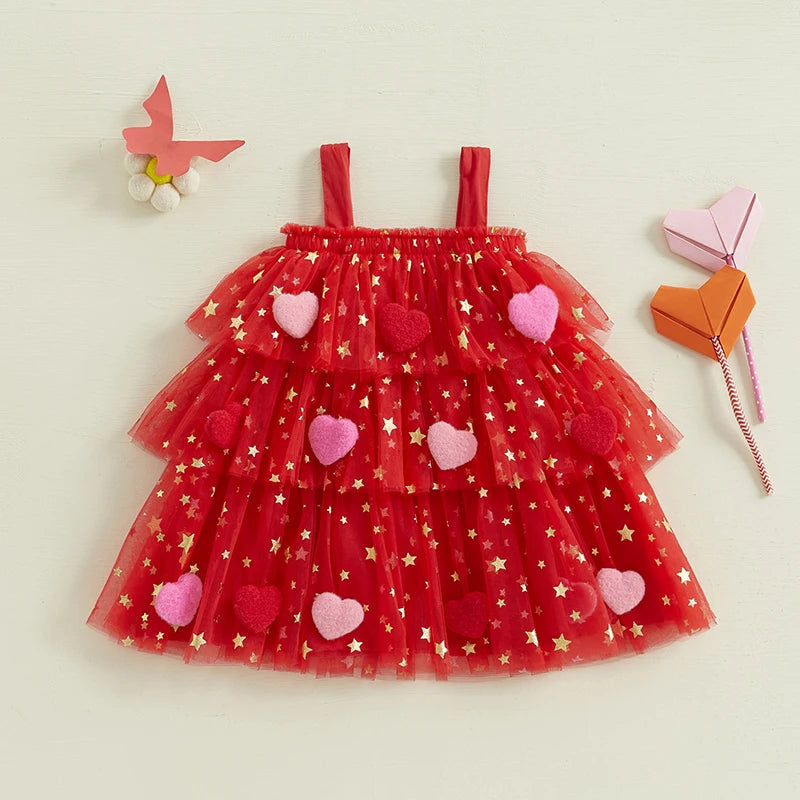 Kids Girl Fashion Valentine Day Dress Star Print Square Neck Sleeveless Layered Tulle Dress with 3D Heart for 1-9 Years Valentines Gift