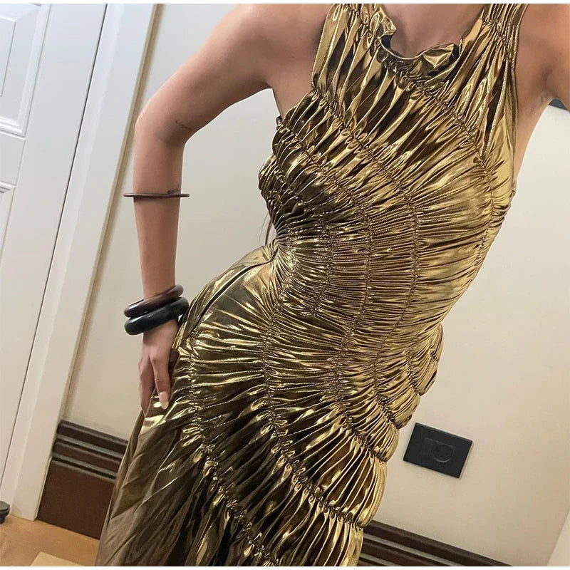 Women Chic Sequins Pleated Long Dress Fashion O Neck Sleeveless High Waist Slim Dresses 2024 Summer New Lady Party Evening Robe