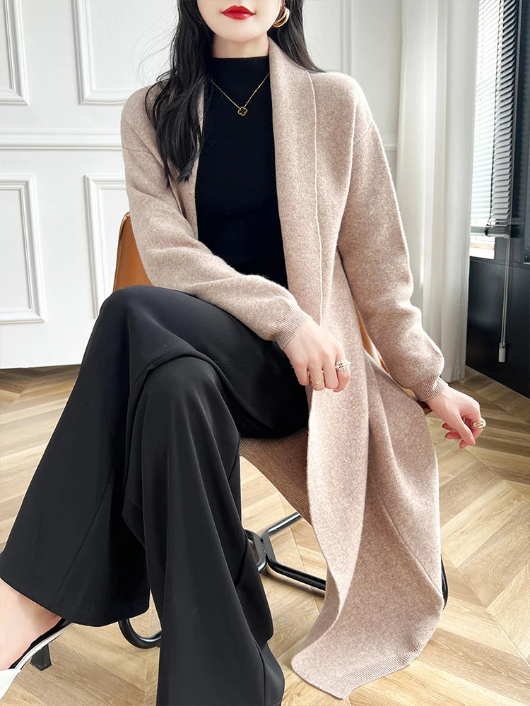 2024 Women Long Cardigan Cashmere Sweater Spring Autumn Winter Office Lady Loose Coat 100% Merino Wool Knitwear Korean Fashion