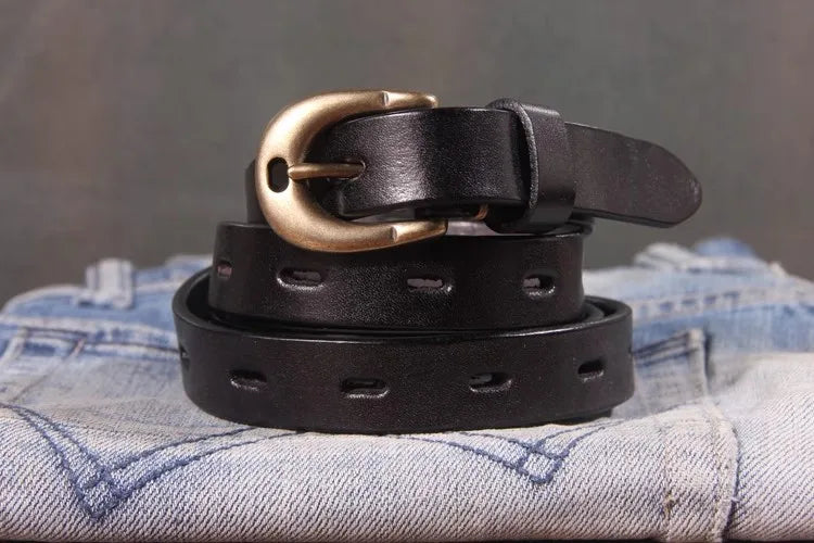 Retro Genuine Leather Women's Belt Pure Copper Button Western Cowboy Style Luxury Brands Jeans Belt Fashion Luxury Women Belt