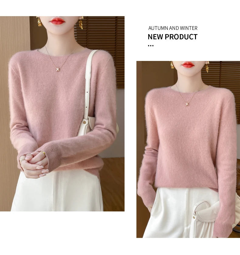 Autumn Winter Women Clothing O-Neck Pullover 100% Merino Wool Sweater New Fashion Cashmere Tops Bottoming Long Sleeve Knitwear