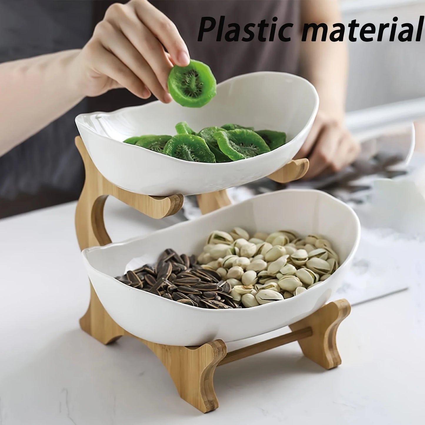 2 Tier Plastic Fruit Bowl with Bamboo Wooden Shelf for Kitchen Counter for Vegetable Storage Fruit Basket Snack Tray Shelf