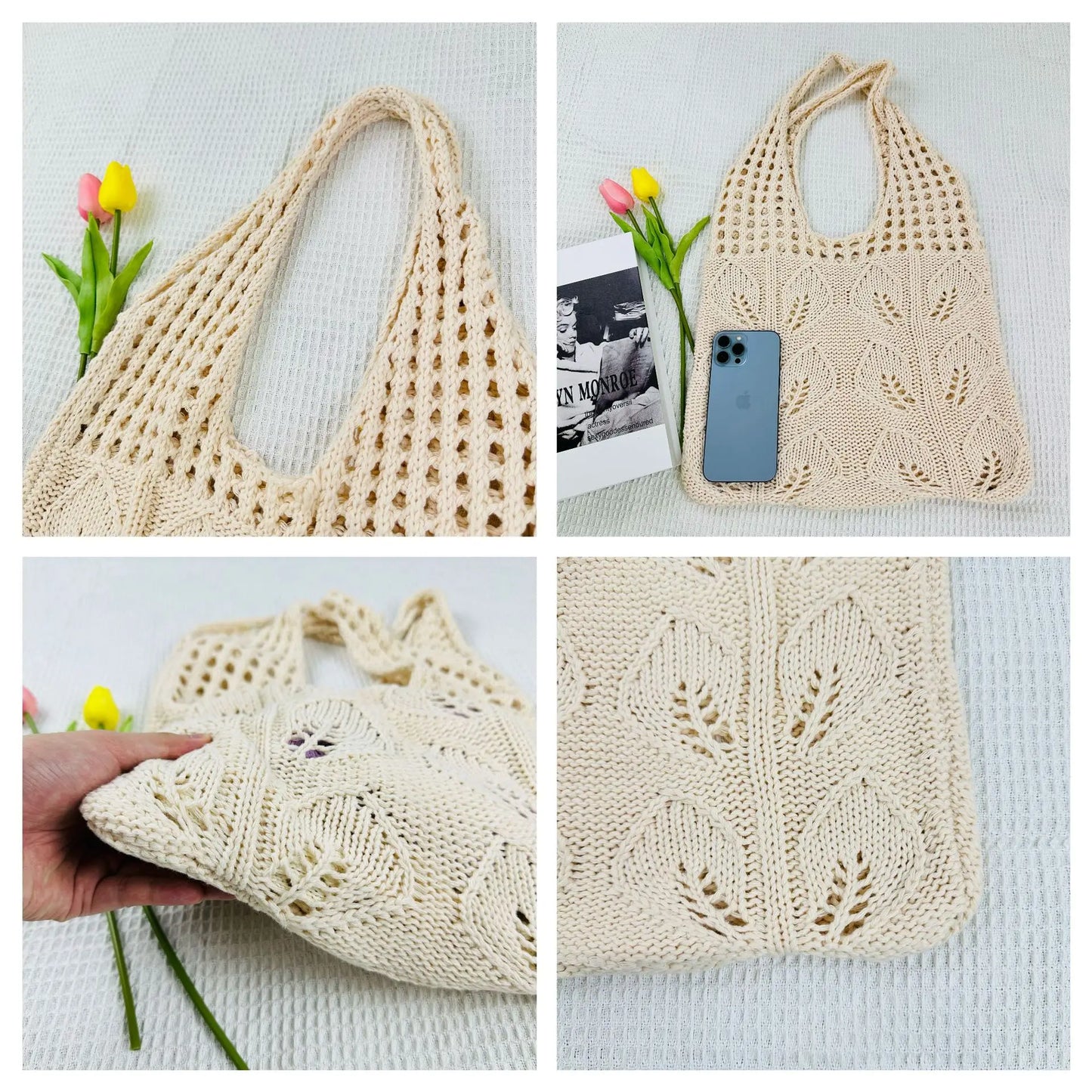 Knitted Handbags Beach Bags Lightweight Students Shoulder Casual Tote Female Style Shopping Woven Bags For Women Girls