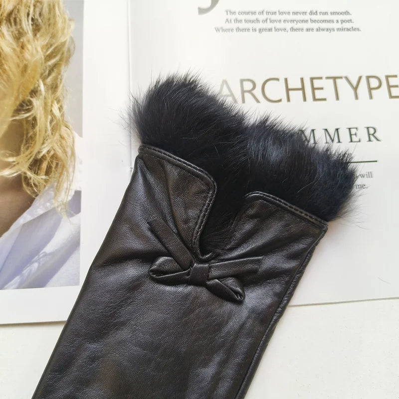 Women's sheepskin bow gloves with warm velvet lining and genuine leather driving gloves