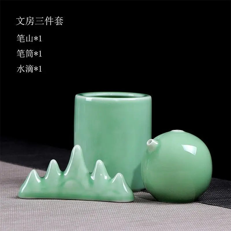 Royal Ming Celadon Study Four Treasures Set Calligraphy Supplies Pen Holder Paperweight Wash Adult