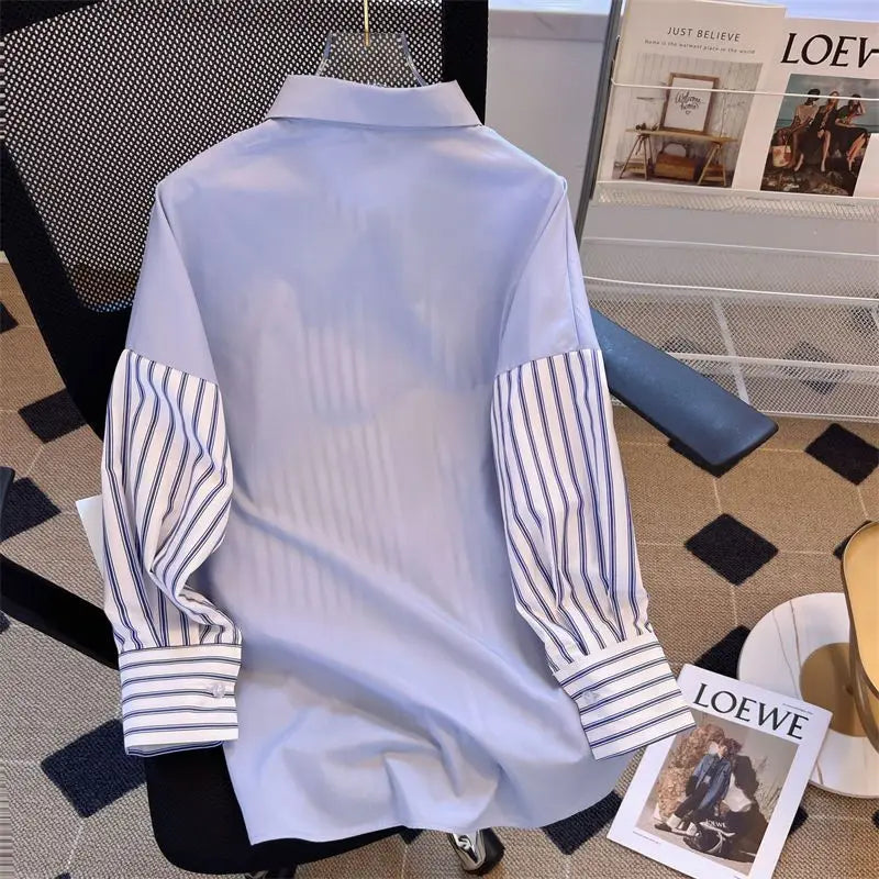 Striped Patchwork Medium Length Shirt for Women in Versatile Spring and Summer New Design Casual and Loose Fit Shirt Thin Top