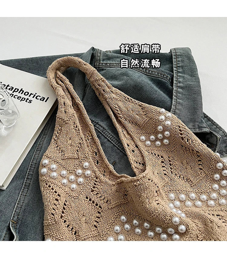 Hollow Out Large Capacity Knitting Shoulder Bags Pearl Unique Design Grace Sense of Luxury Hand Bags for Women 2024 Casual Tote