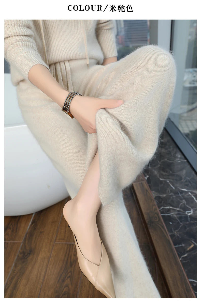 2024 Autumn/Winter New Mink Cashmere Wide Leg Pants for Women, Thickened, Warm, Loose, High Waist Strap up Vertical Casual Pants