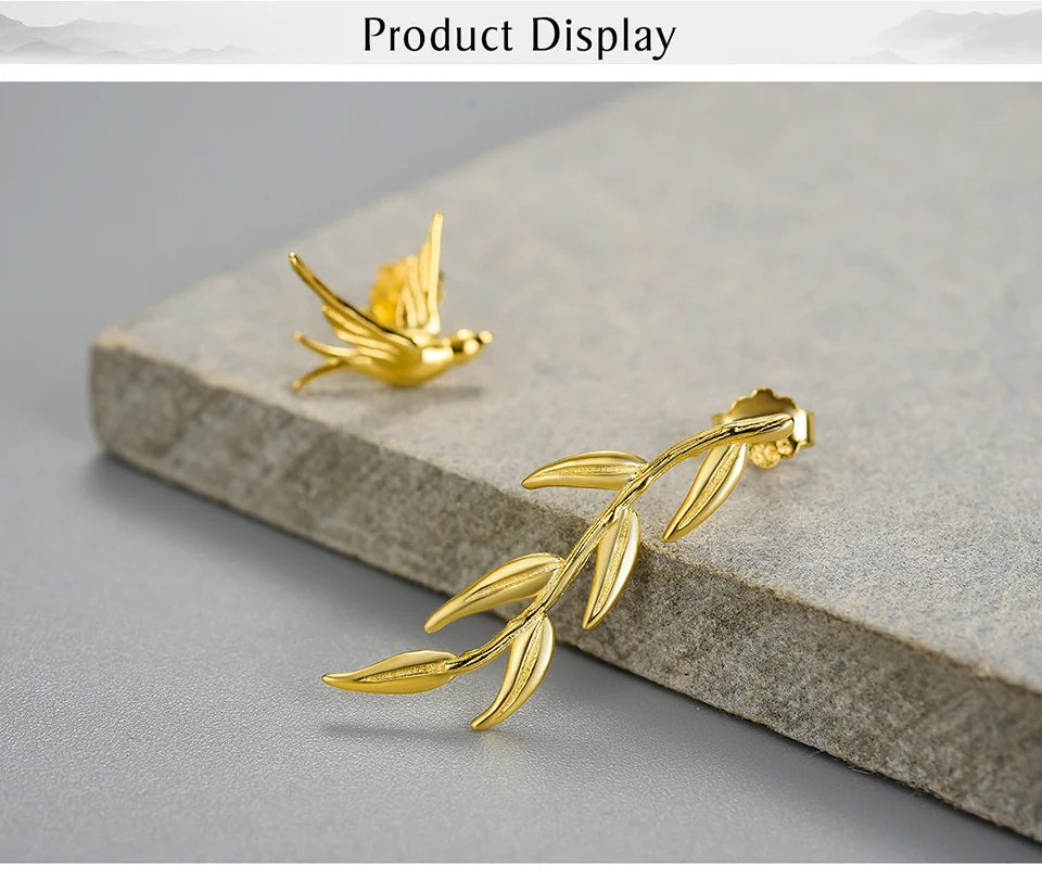 Lotus Fun Luxury 18K Gold Swallow Willow Branch Asymmetrical Unusual Dangle Earrings For Women 925 Sterling Silver Fine Jewelry