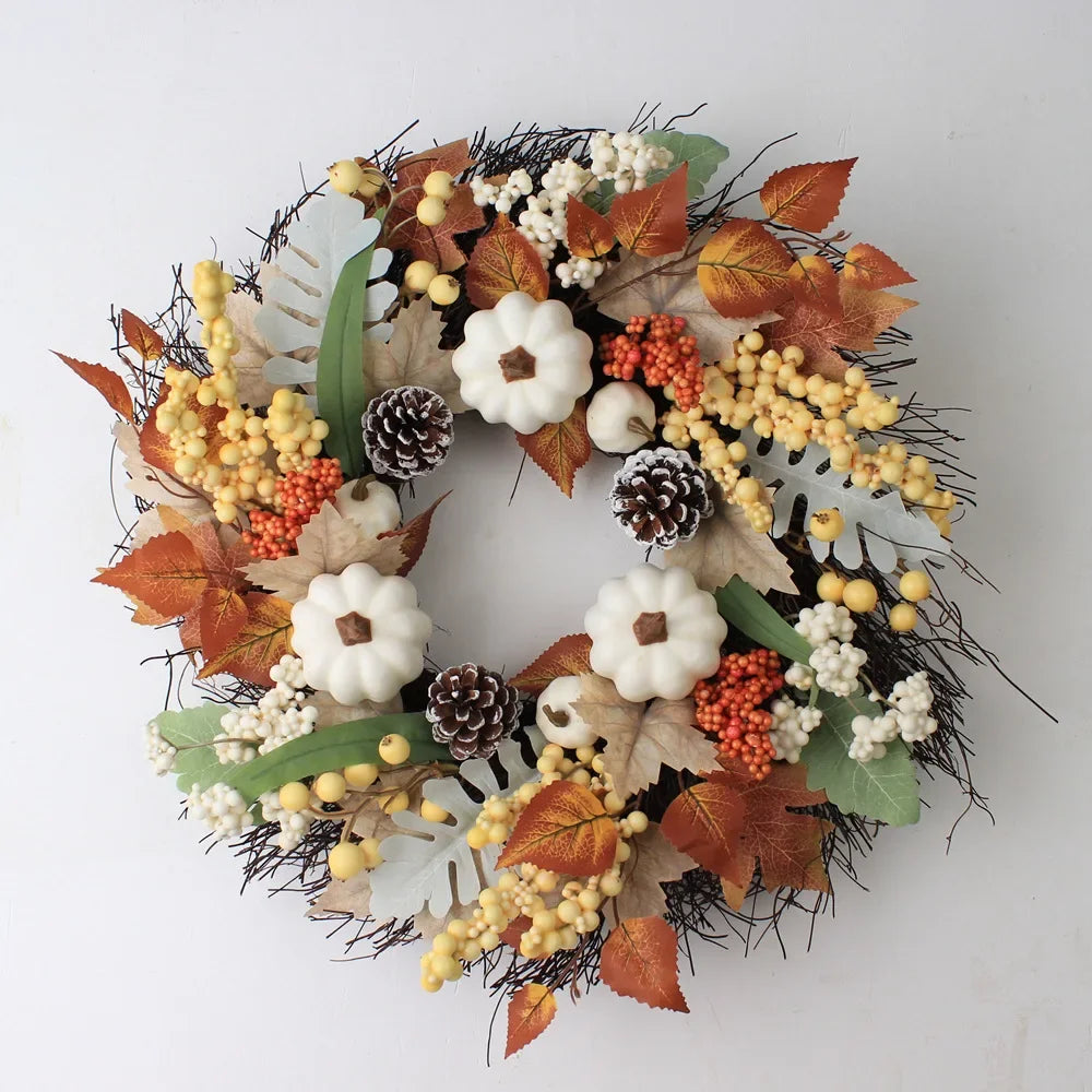 Autumn Wreath Farmhouse Decoration Farmhouse Thanksgiving Maple Leaf Berry Halloween White Pumpkin Set Garland Ornament Pendant Valentines Gift