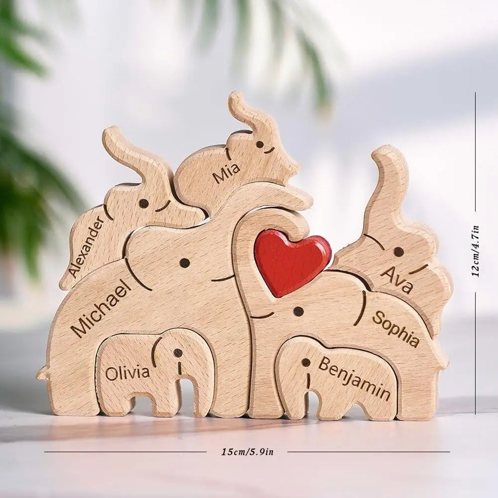 Personalized Elephant Family Wooden Puzzle Love Animal Wood Puzzle Custom Family Name Sculpture Free Engraving Decor Gifts Valentines Gift