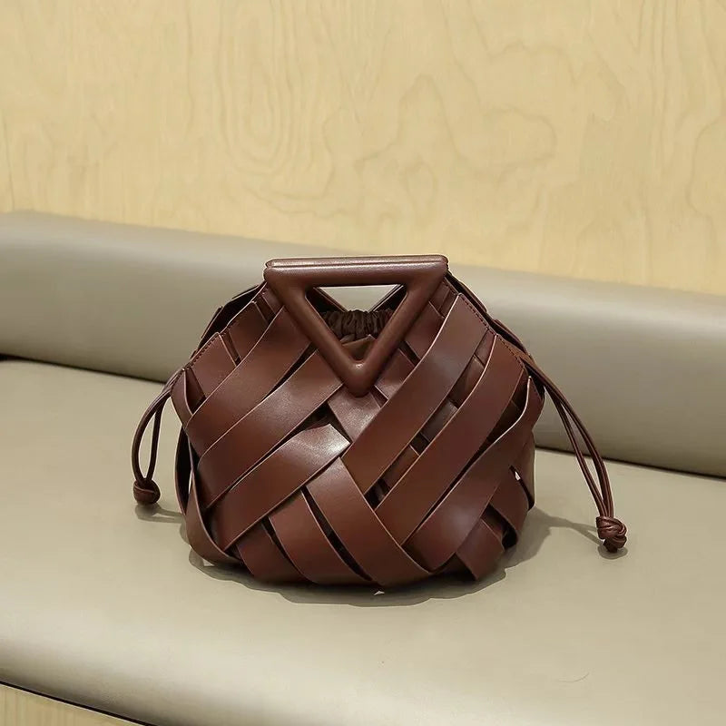 2024 New Arrival High Fashion Top-handle Brown Woven Shoulder Bags for Women with Hollow-out Design Unique Style Bucket bag