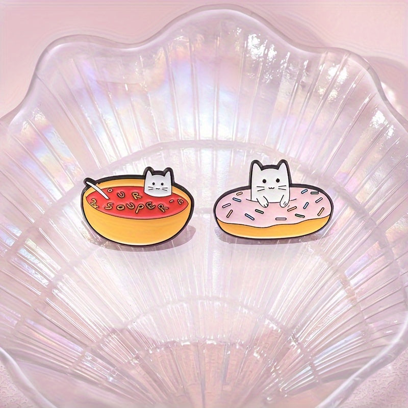 5pcs/set Cute Cat Enamel Pins Coffee Chip Donuts Metal Brooches Fashion Lapel Badge Backpack Clothes Animal Jewelry Gift for friends