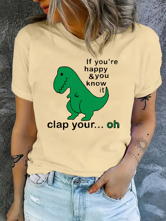 Happy Slogan & Dinosaur Print T-shirt, Cute Short Sleeve Crew Neck Top, Women's Clothing