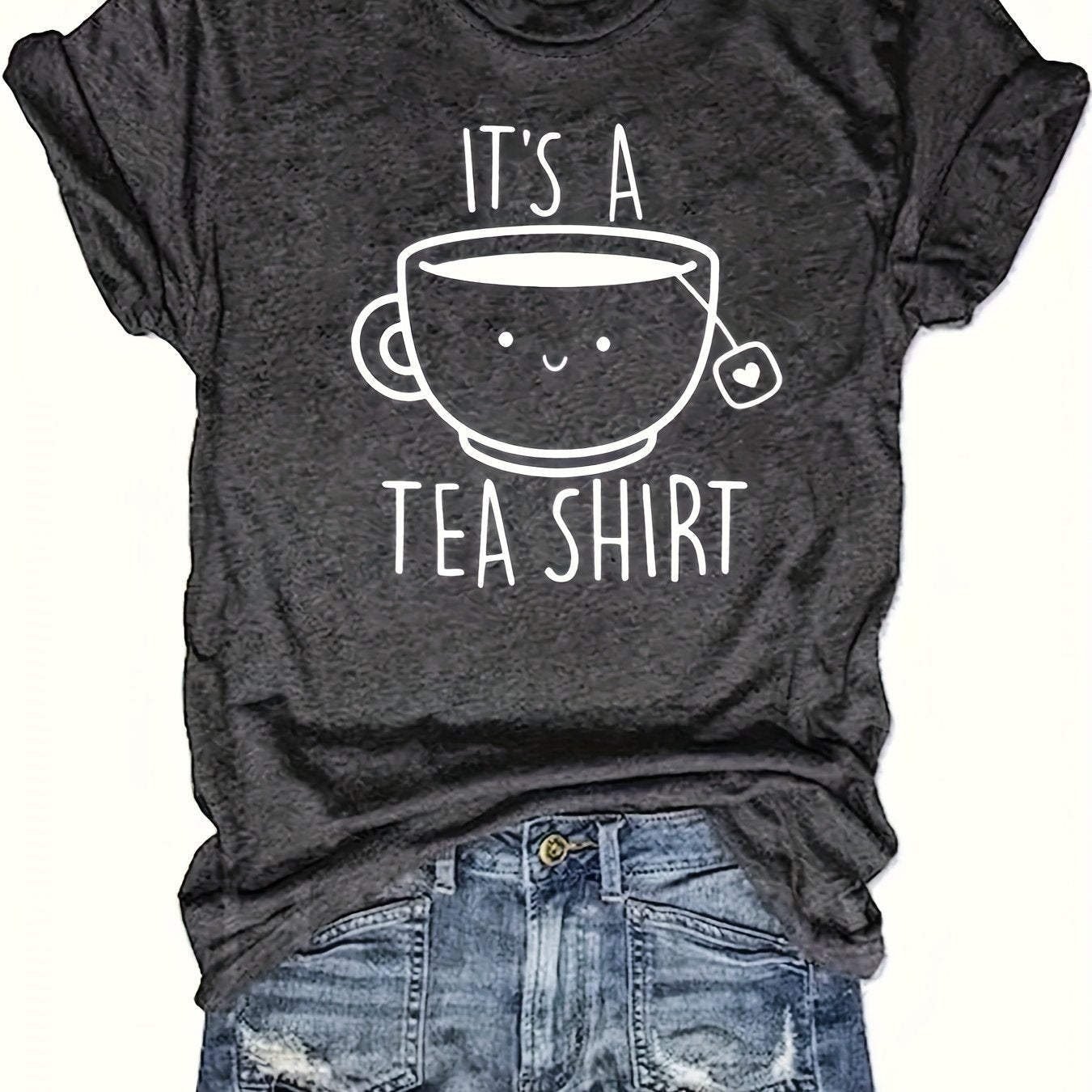 Tea Shirt Print Crew Neck T-Shirt, Casual Short Sleeve T-Shirt For Spring & Summer, Women's Clothing