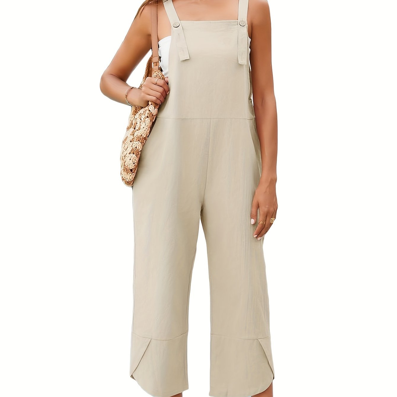 Solid Color Adjustable Strap Overall Jumpsuit, Casual Sleeveless Cropped Overall Jumpsuit With Pocket, Women's Clothing