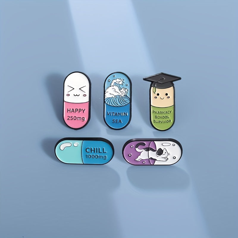 5 sets of cartoon cute medical treatment capsules, pill shaped metal badges, clothing cute and fun accessories