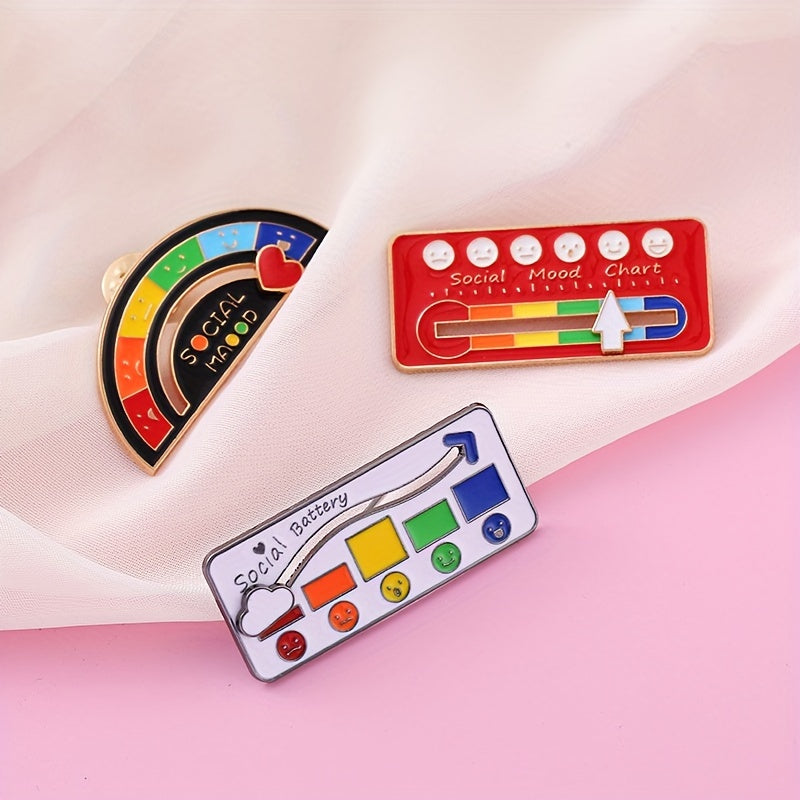 3Pcs/set Cartoon Social Expression Battery Brooch Fun Rainbow Mood Change Badge Metal Pin Clothing Accessories Bag Hat Accessories