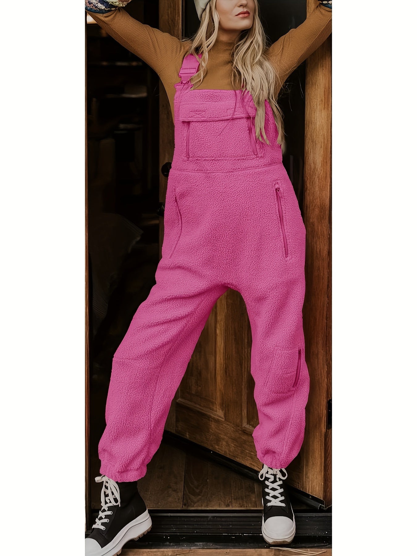 Cozy Women's Fleece Overalls - Warm & Casual White Jumpsuit with Pockets, Adjustable Straps, Polyester, Machine Washable for Winter Comfort, Comfy Clothes