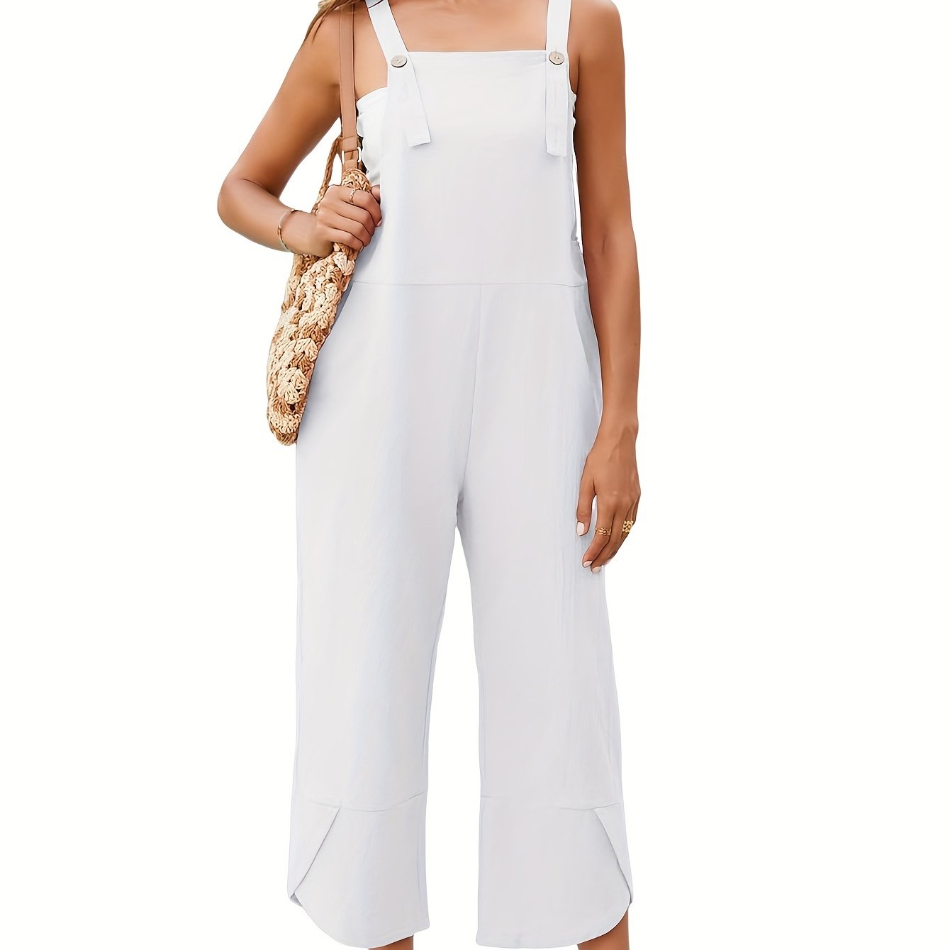 Solid Color Adjustable Strap Overall Jumpsuit, Casual Sleeveless Cropped Overall Jumpsuit With Pocket, Women's Clothing