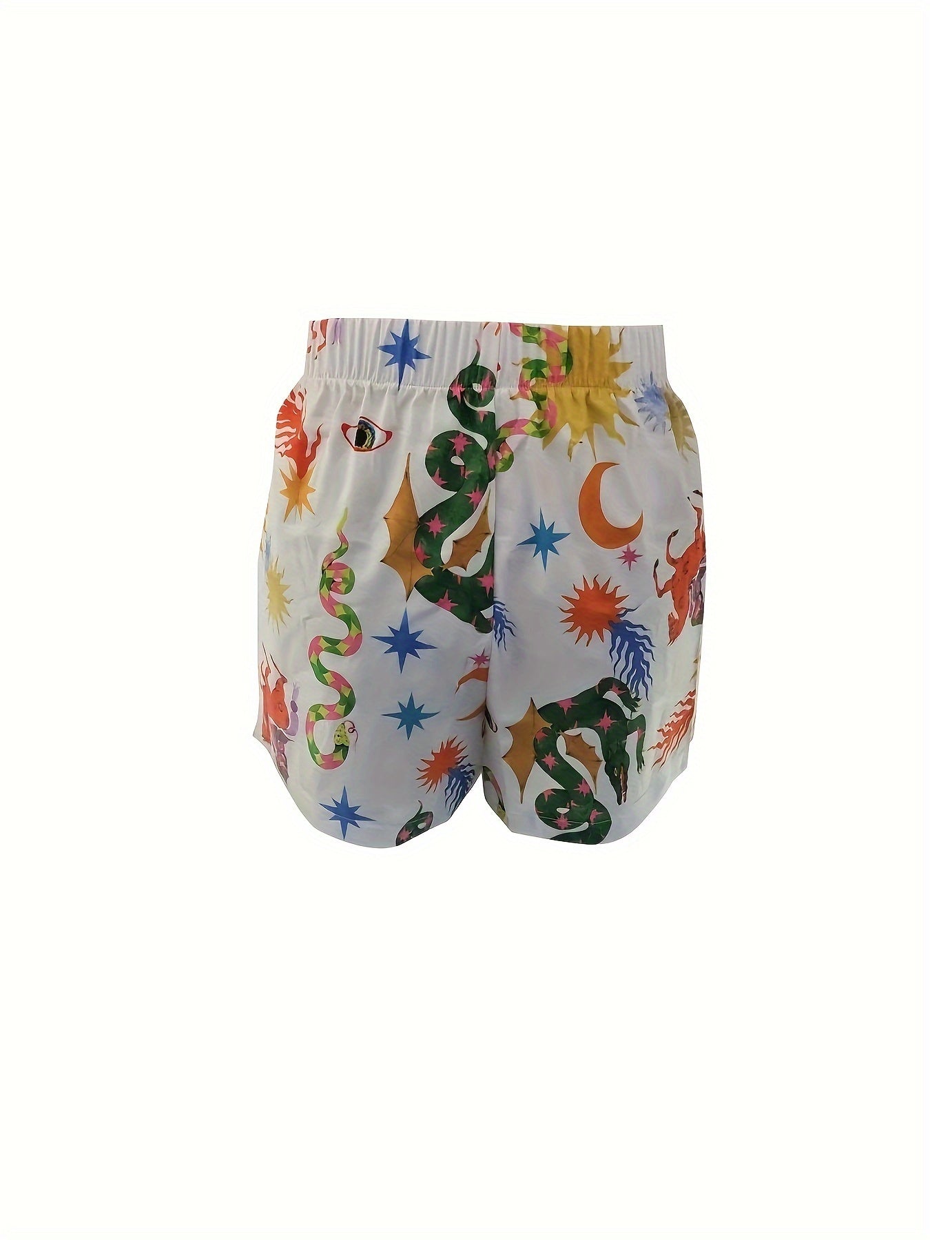 Moab Curation - Casual Cartoon Print Slim Two-Piece Short Set. This set includes a knotted front cold shoulder top and skinny slant pockets elastic waist shorts. It is suitable for women's clothing.