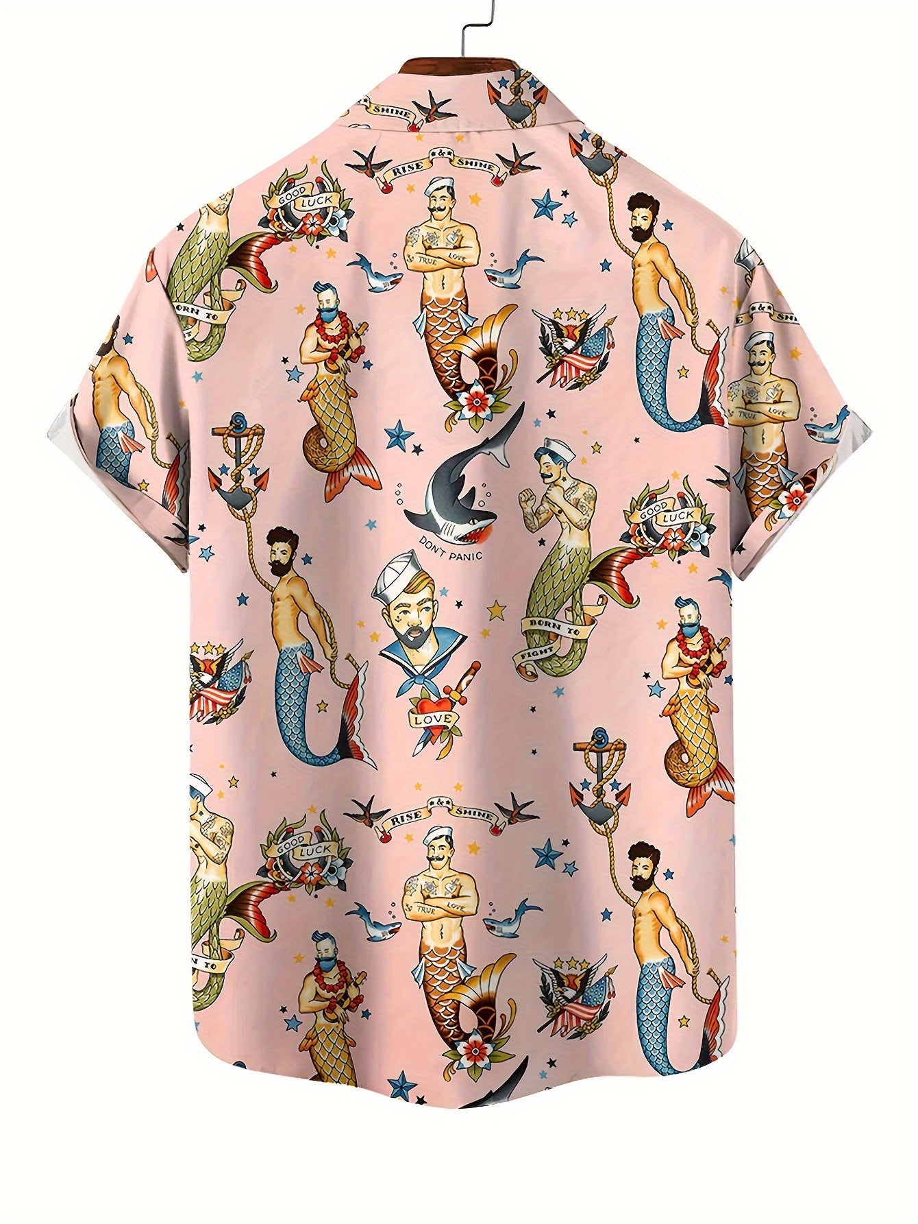 Moab Curation - Men's Merman Sailor Jerry Pattern Allover Printed Short Sleeve Hawaiian Style Shirt for Summer Resort Vacation