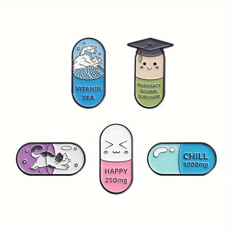 5 sets of cartoon cute medical treatment capsules, pill shaped metal badges, clothing cute and fun accessories