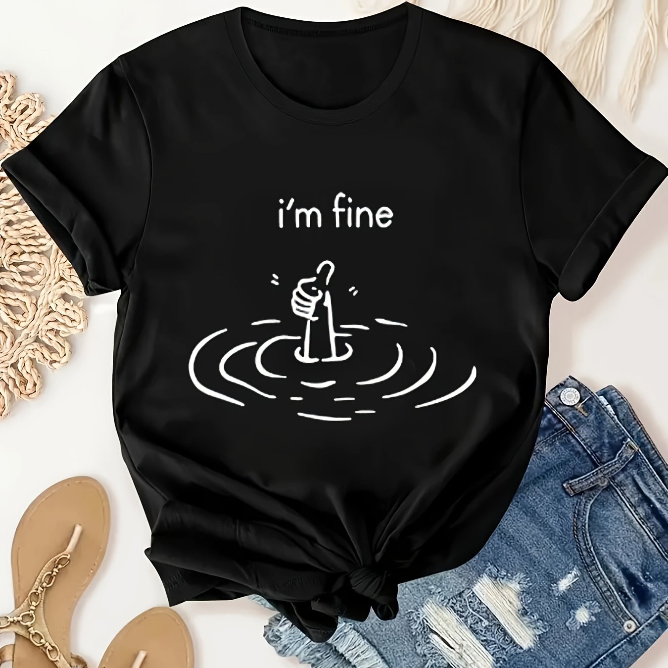 Women's Loose Short Sleeve Crew Neck T Shirt, I'm Fine Tee Shirt Funny Graphic T Shirts For Women, 100% Cotton Crew Neck Short Sleeve Summer Loose Tops, Comfortable Plus Size Women's Clothing