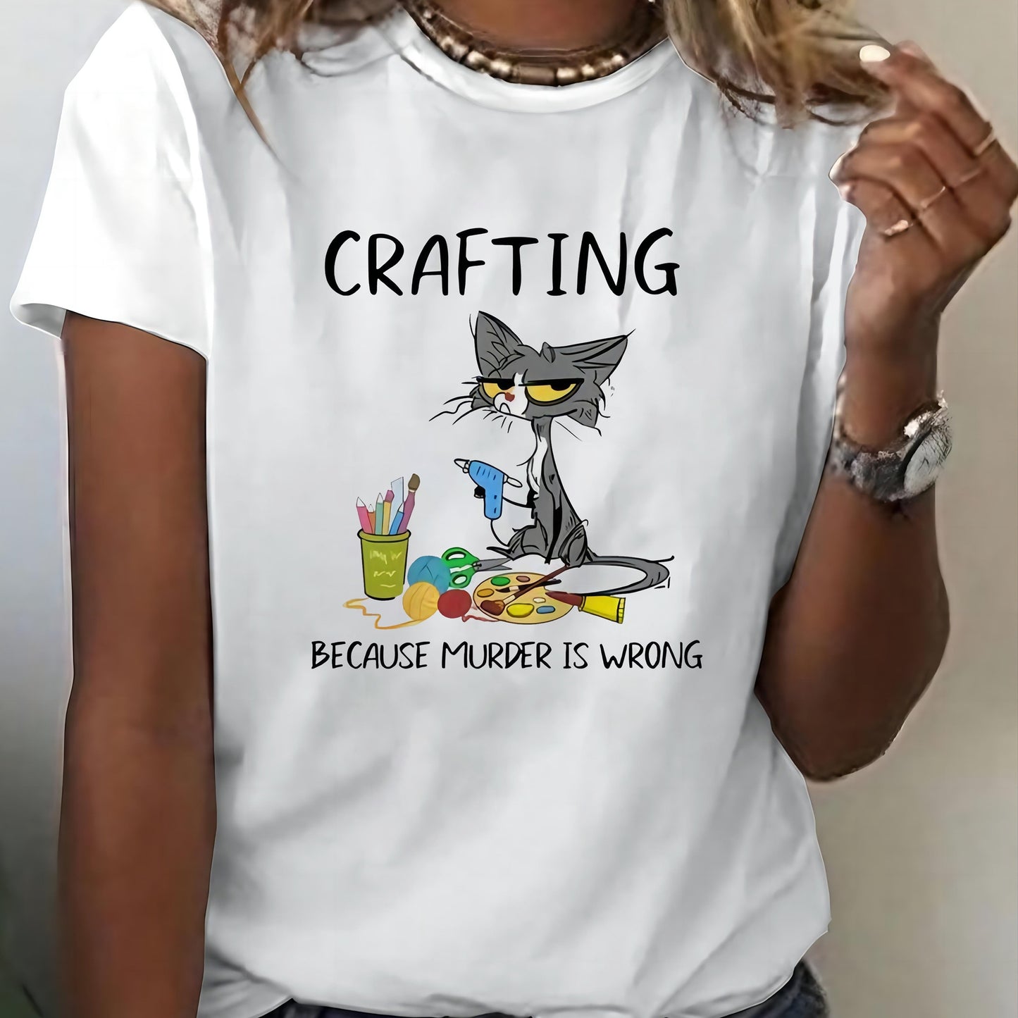 Women's Graphic T-Shirt, Casual Crew Neck With "Crafting Because Murder Is Wrong" Cartoon Cat Print, Short Sleeve Tee, Fun Craft Lover Top For Spring & Summer