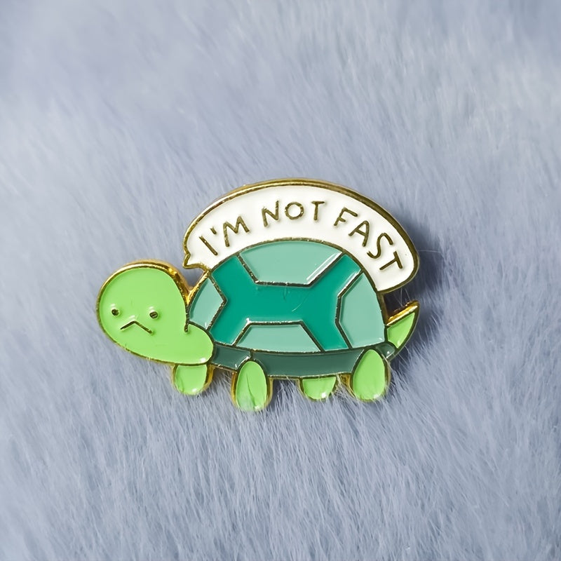 "I'M NOT FAST" Turtle Enamel Pin, Cute Green Tortoise Alloy Brooch, Simple Style Lapel Badge For Backpacks, Jackets, Hats, Fashion Jewelry Accessory