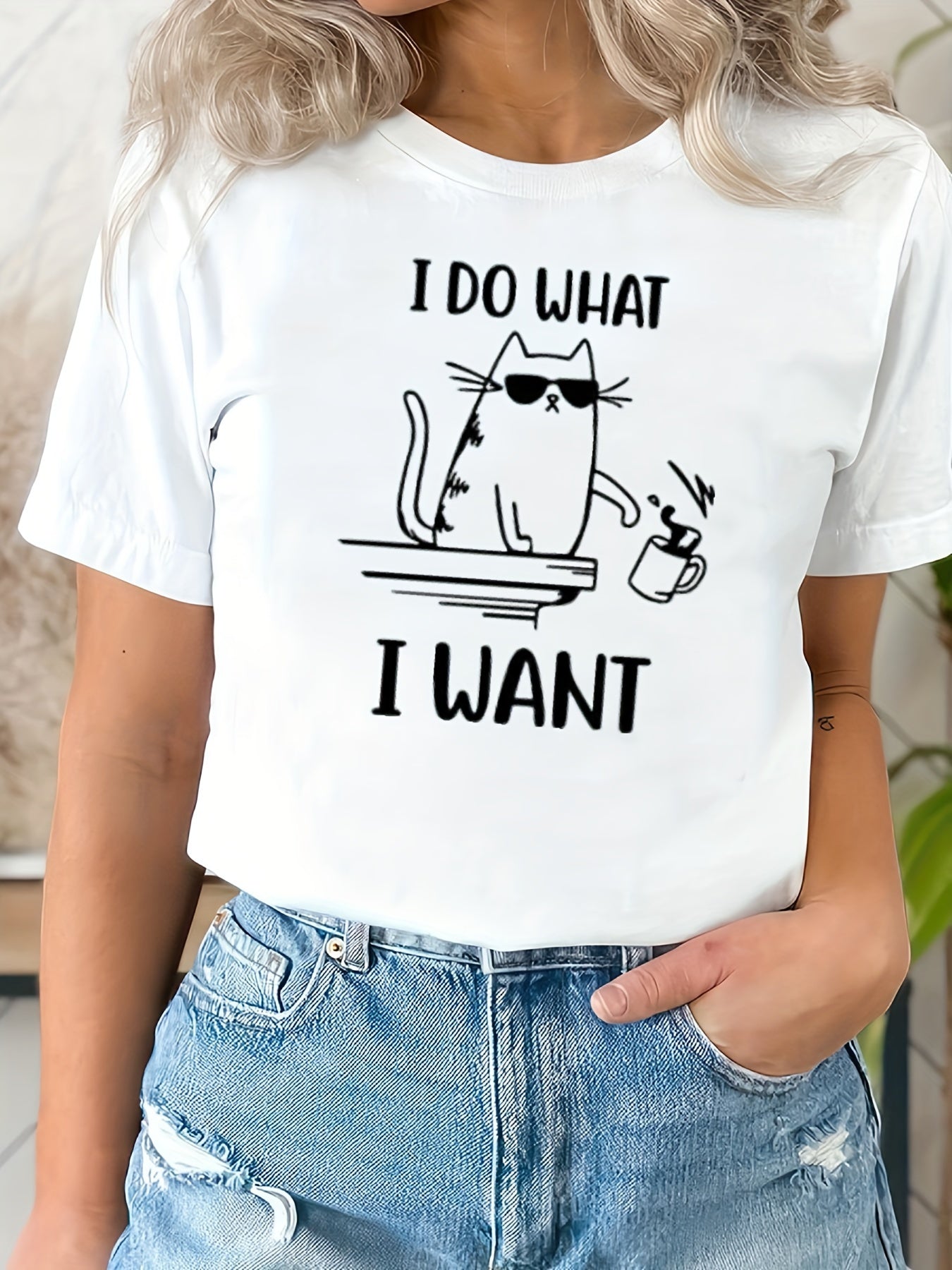 Women's Lightweight Summer Tee With 'I DO WHAT I WANT' Cat Graphic, Premium Cotton, Comfortable Fit, Fashionable & Funny, Ideal For Summer Outings, Short Sleeve