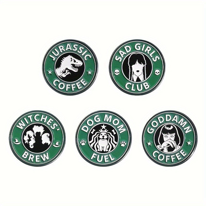 5pcs Men's Vintage Alloy Enamel Lapel Pin Set - Unique Green Round Cartoon Metal Brooch Badges For Clothing Accessories