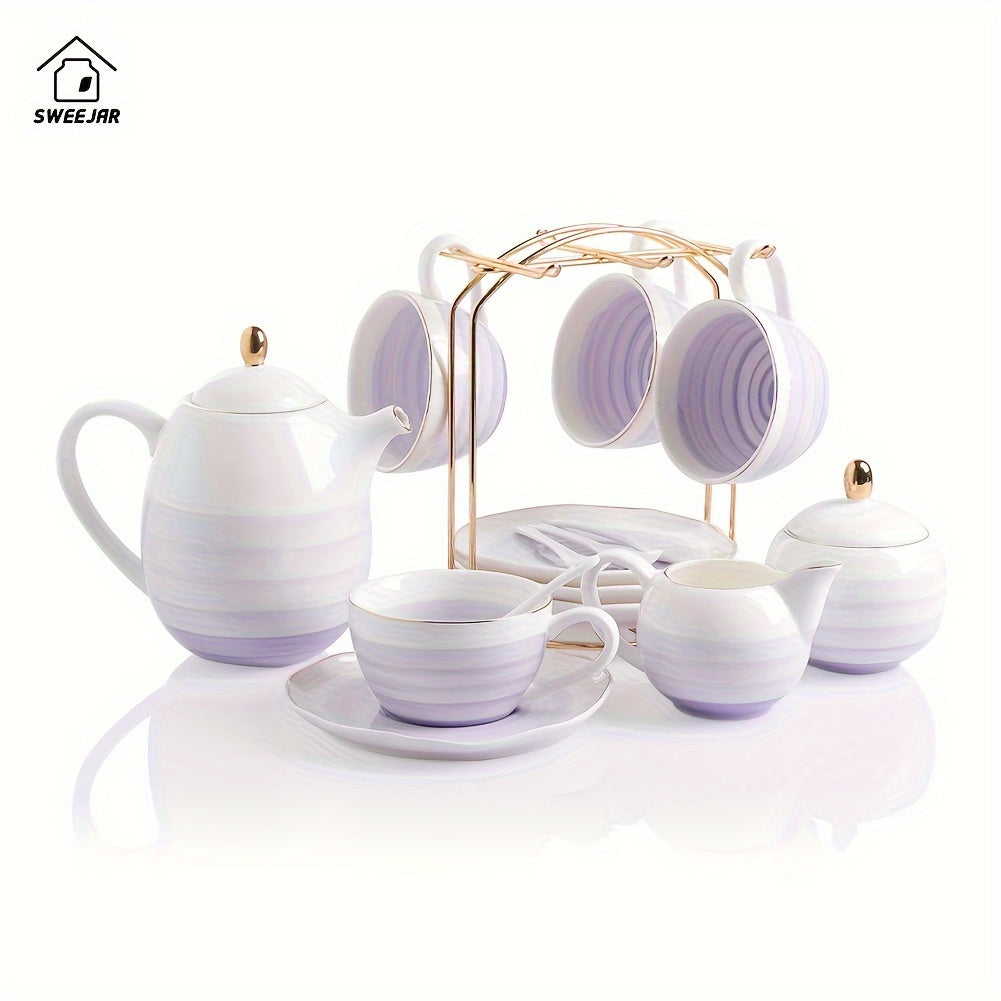 Sweejar Porcelain Tea Sets, 8 OZ Cups & Saucer Service For 4, Teapot Sugar Bowl Cream Pitcher Teaspoons And Tea Strainer For Adult Tea Coffee Afternoon Party