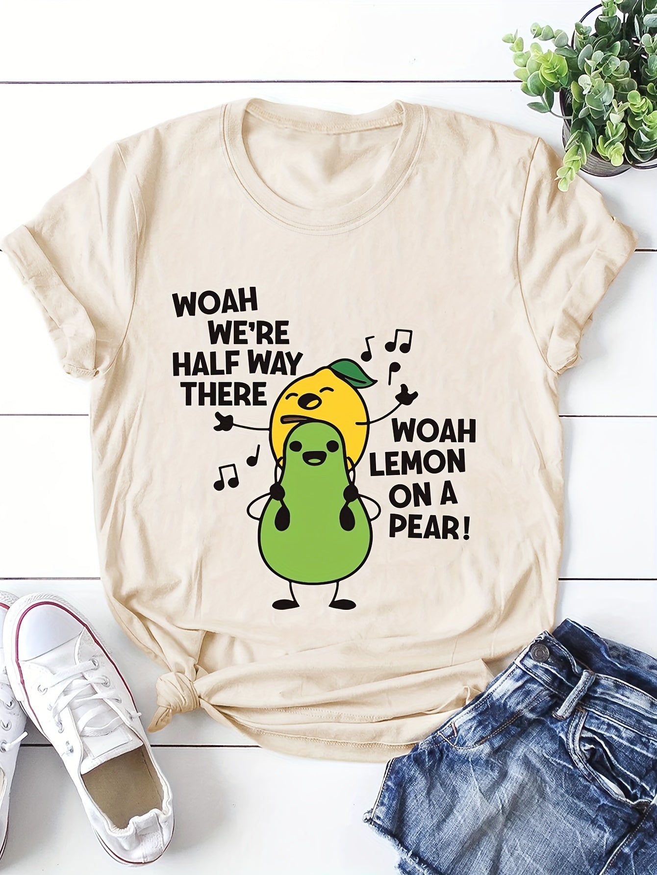 Women's Cartoon Fruit Print T-Shirt - Short Sleeve Casual Top for Summer and Spring