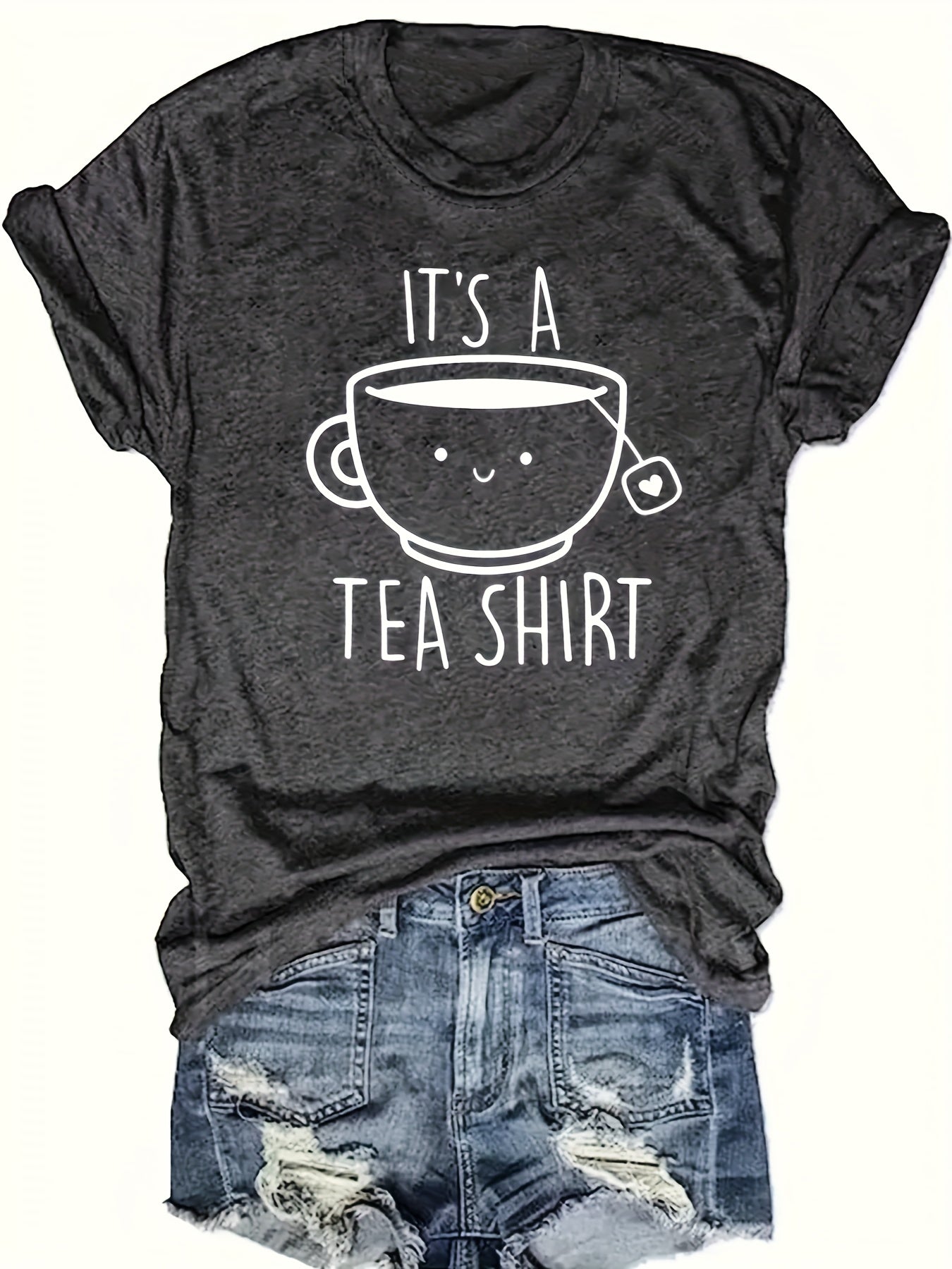 Tea Shirt Print Crew Neck T-Shirt, Casual Short Sleeve T-Shirt For Spring & Summer, Women's Clothing