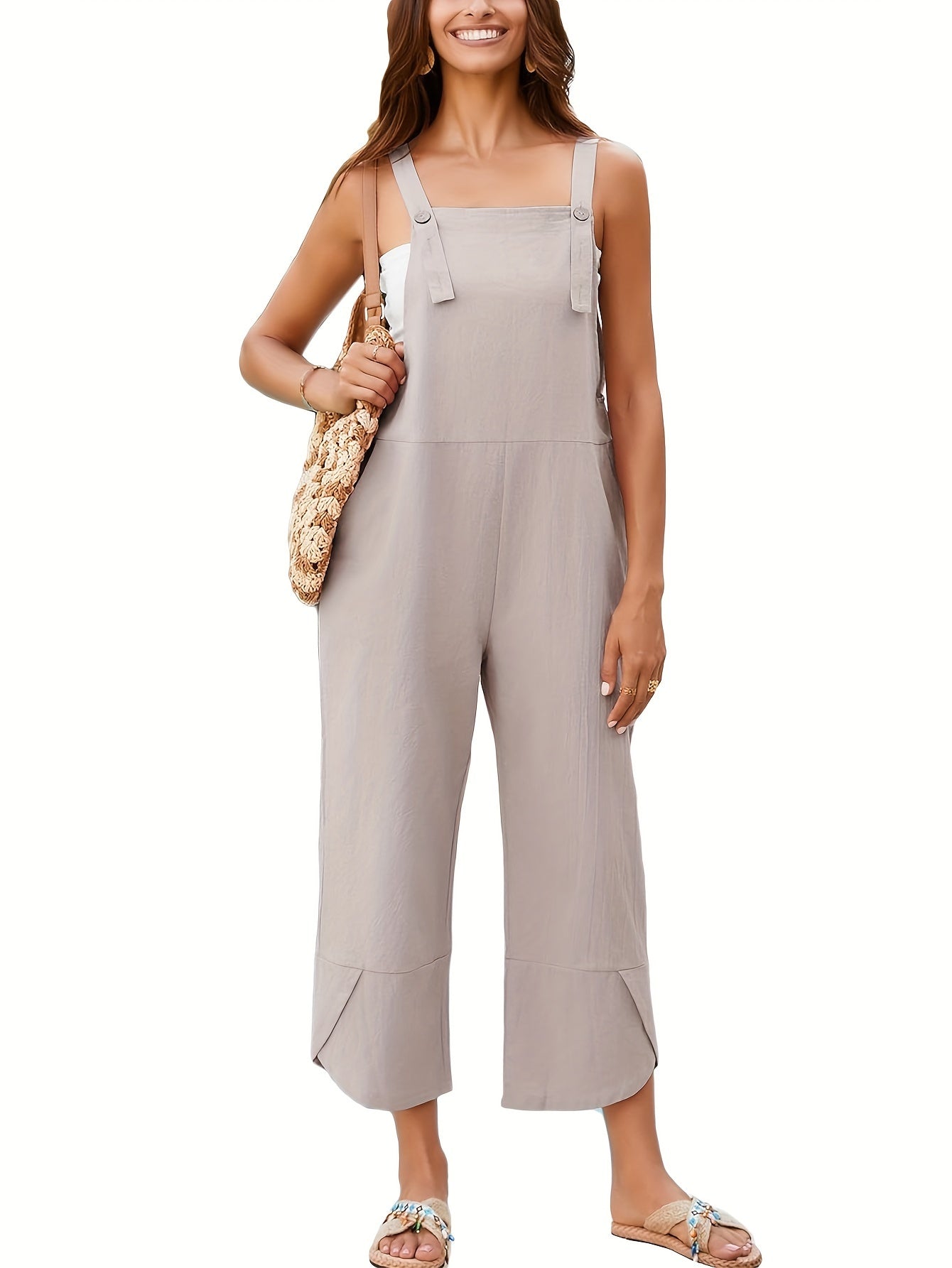 Solid Color Adjustable Strap Overall Jumpsuit, Casual Sleeveless Cropped Overall Jumpsuit With Pocket, Women's Clothing