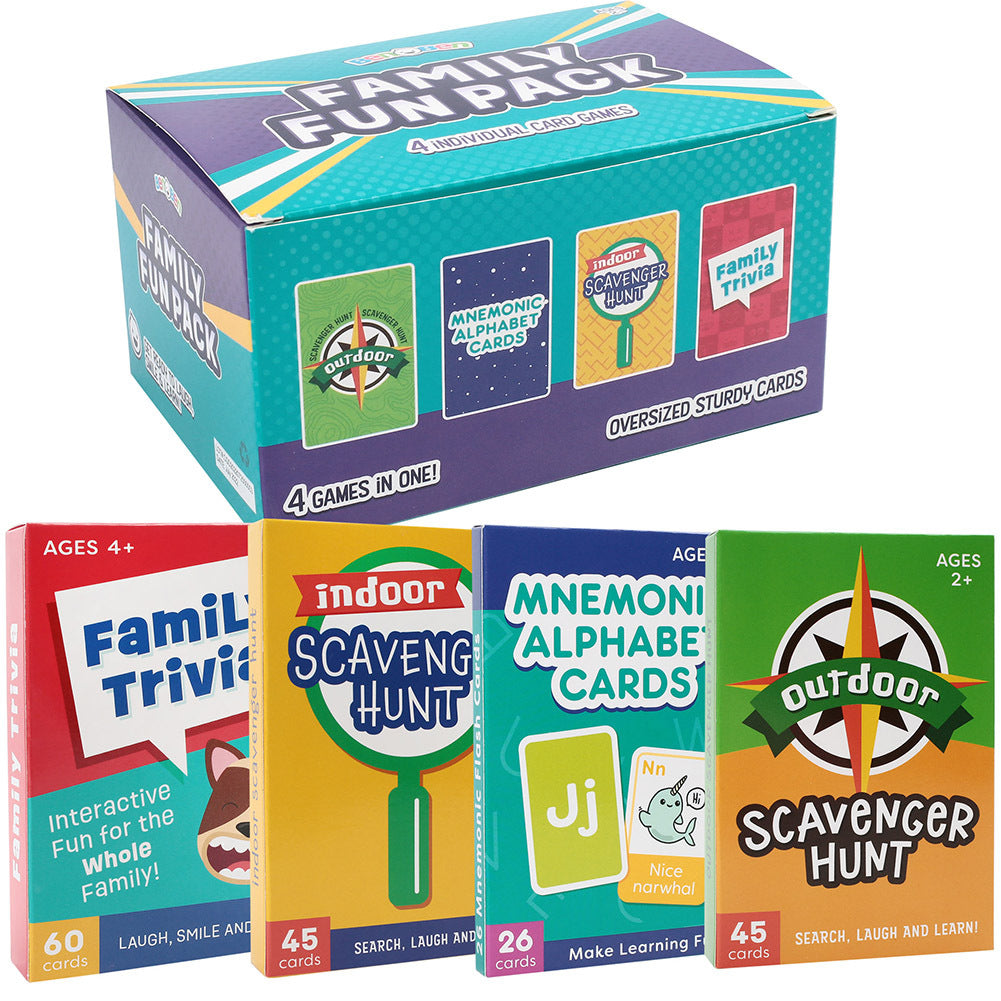 LotFancy Card Games for Family Game Night, 4 in 1 Pack, Scavenger Hunt Games for Kids, Indoor Outdoor Activities, Family Trivia, Educational Game, Jumbo Size, Gifts for Ages 2-6