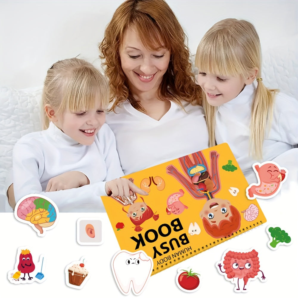 15 Themes Kids Busy Book Set, Educational Preschool Learning Quiet Book, Human Body Structure Cognitive Development, Includes Storage Bag, 8 Brush Markers, 1 Book, 15 Theme Packs & Stickers, Paper Material, No Battery Require