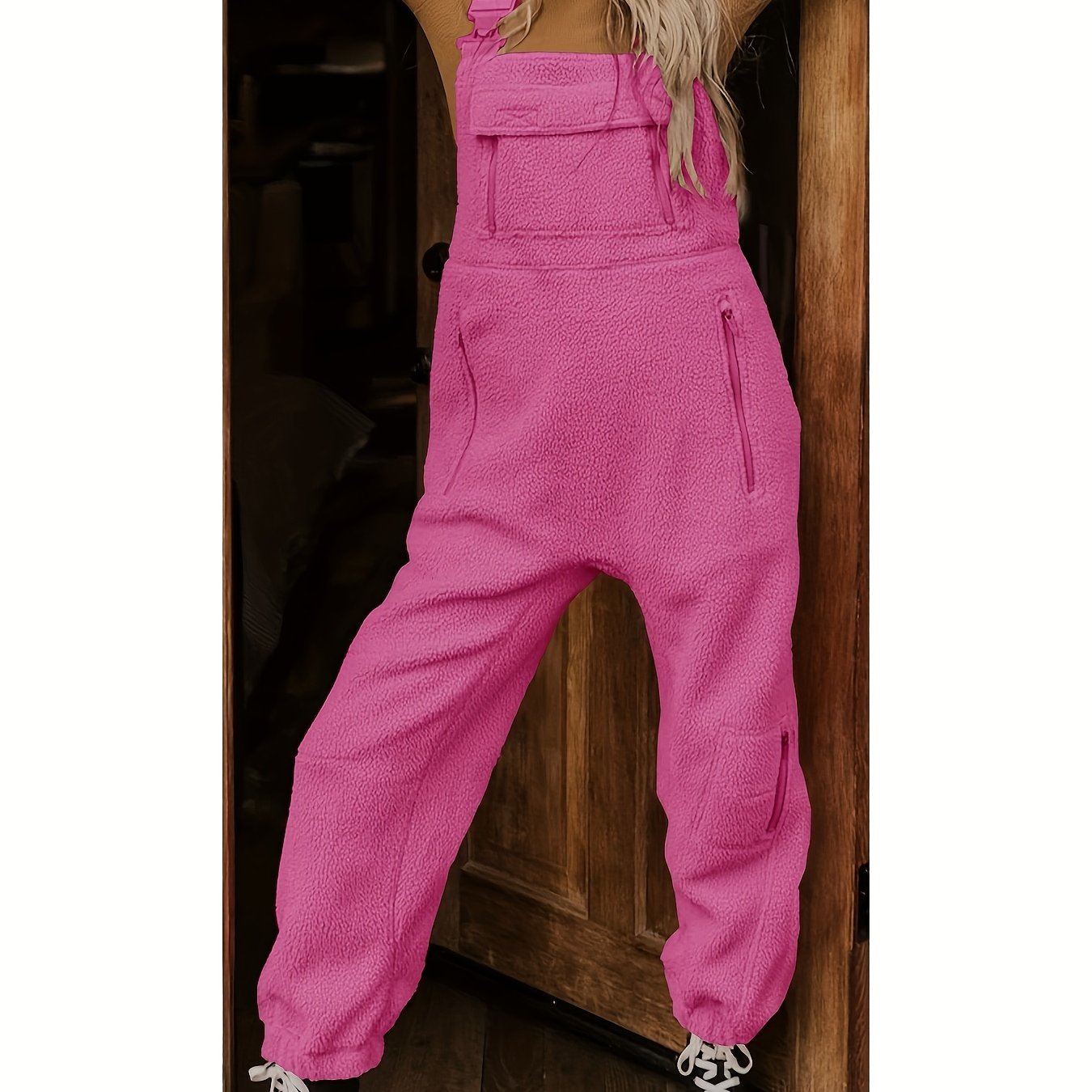 Cozy Women's Fleece Overalls - Warm & Casual White Jumpsuit with Pockets, Adjustable Straps, Polyester, Machine Washable for Winter Comfort, Comfy Clothes