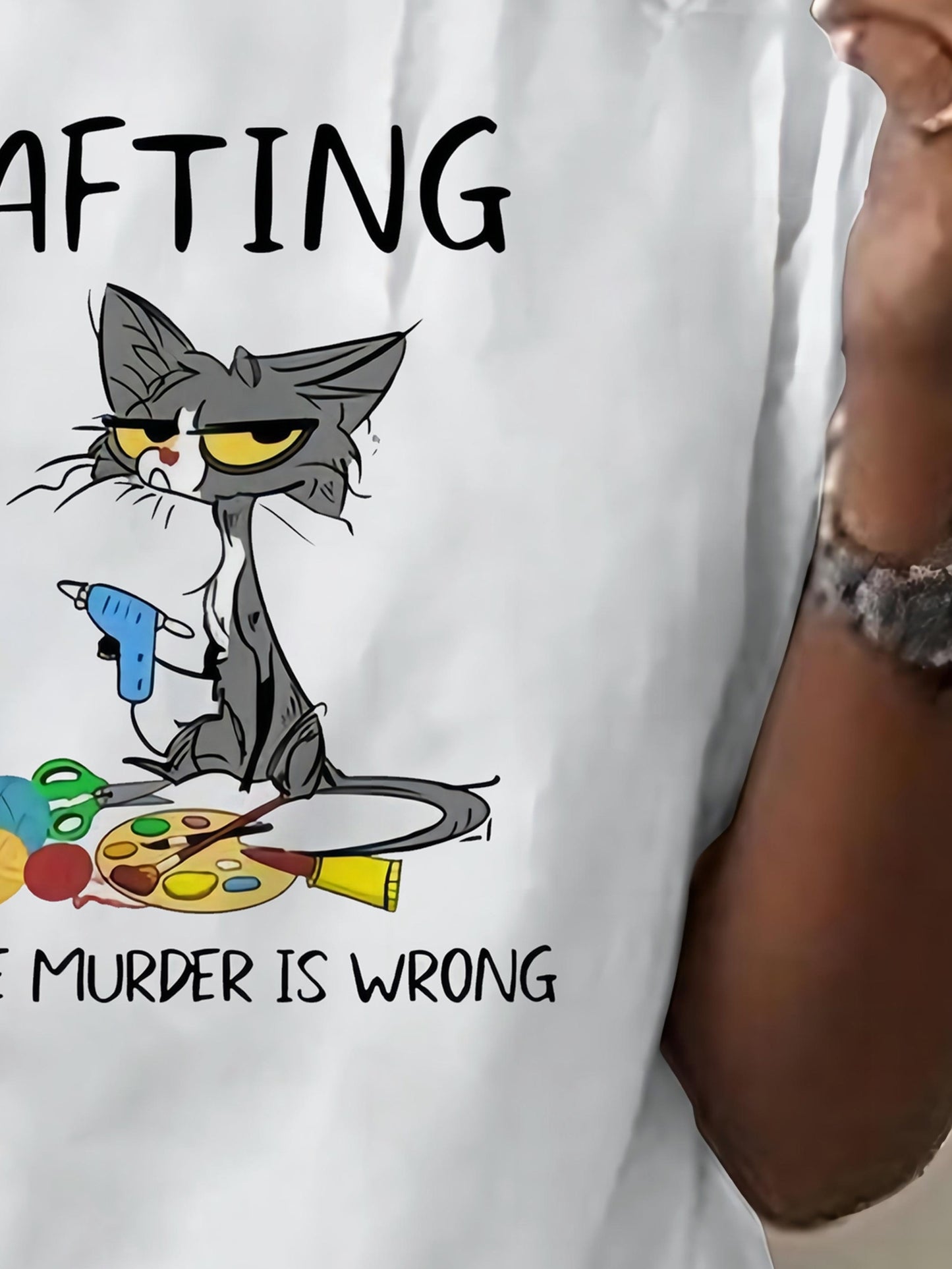 Women's Graphic T-Shirt, Casual Crew Neck With "Crafting Because Murder Is Wrong" Cartoon Cat Print, Short Sleeve Tee, Fun Craft Lover Top For Spring & Summer