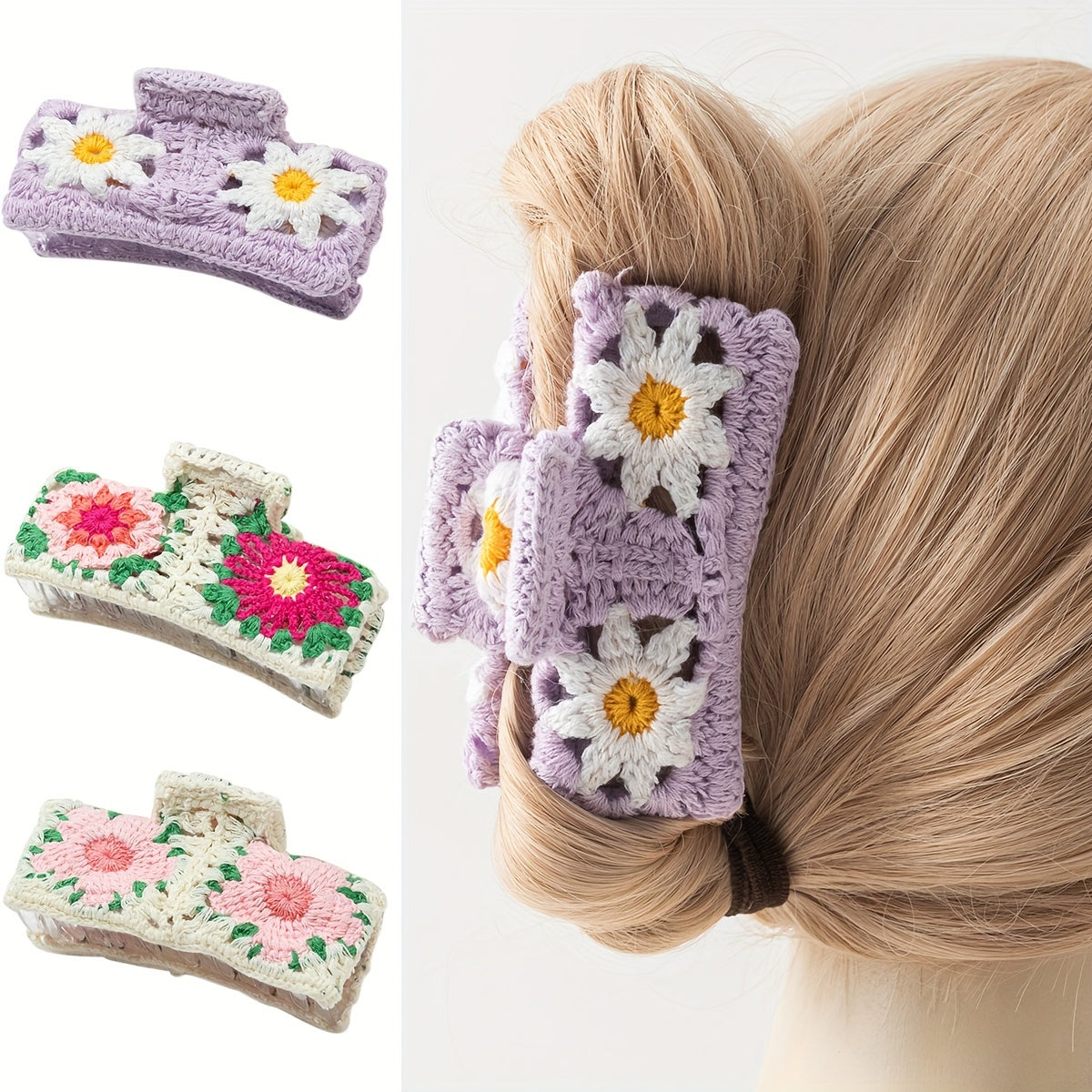 Chic Floral Knit Hair Claw - Large, Plush Rectangle Hair Clip For Women & Girls, Perfect For Everyday Styling Hair Accessories For Women Hair Clips For Women