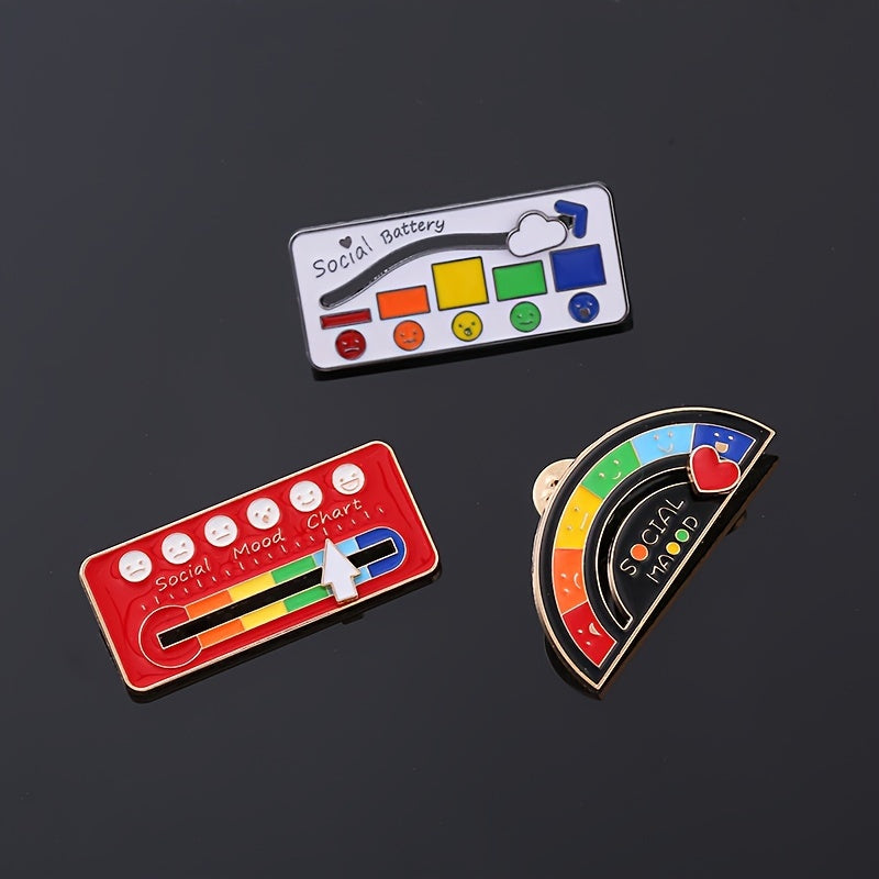 3Pcs/set Cartoon Social Expression Battery Brooch Fun Rainbow Mood Change Badge Metal Pin Clothing Accessories Bag Hat Accessories