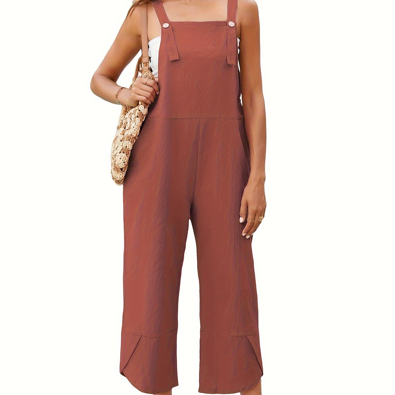 Solid Color Adjustable Strap Overall Jumpsuit, Casual Sleeveless Cropped Overall Jumpsuit With Pocket, Women's Clothing