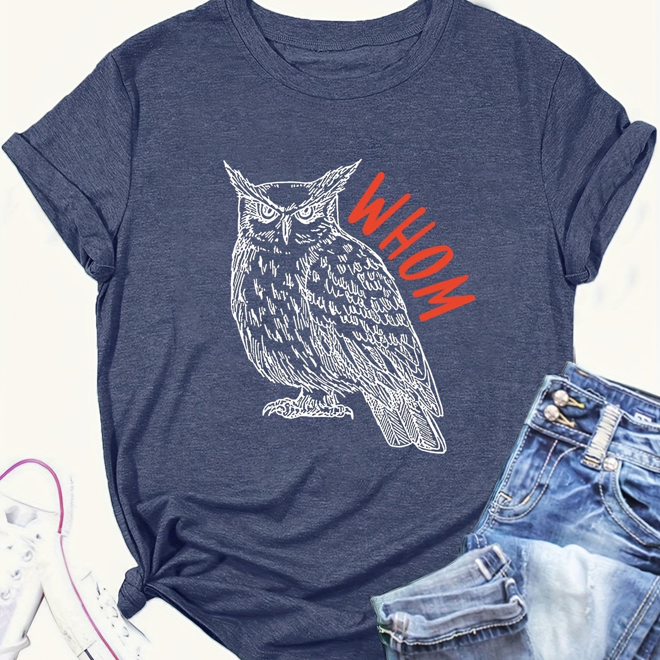 Owl Print T-shirt, Casual Short Sleeve Crew Neck Top For Spring & Summer, Women's Clothing