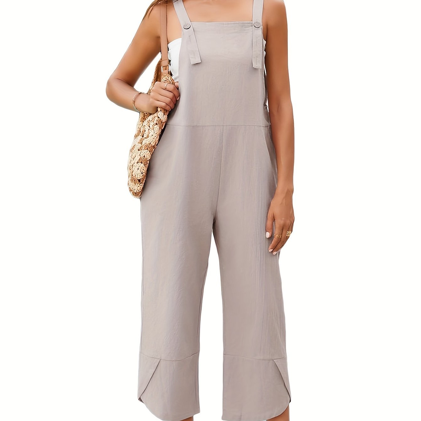 Solid Color Adjustable Strap Overall Jumpsuit, Casual Sleeveless Cropped Overall Jumpsuit With Pocket, Women's Clothing