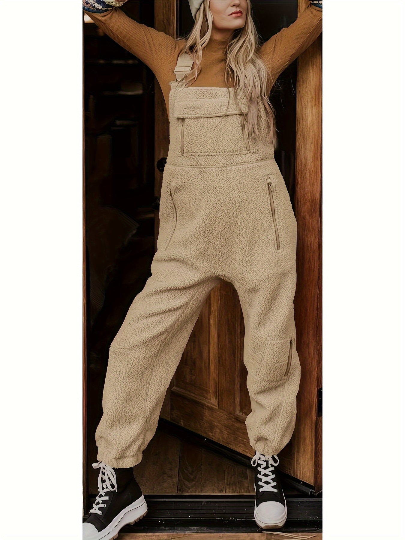 Cozy Women's Fleece Overalls - Warm & Casual White Jumpsuit with Pockets, Adjustable Straps, Polyester, Machine Washable for Winter Comfort, Comfy Clothes