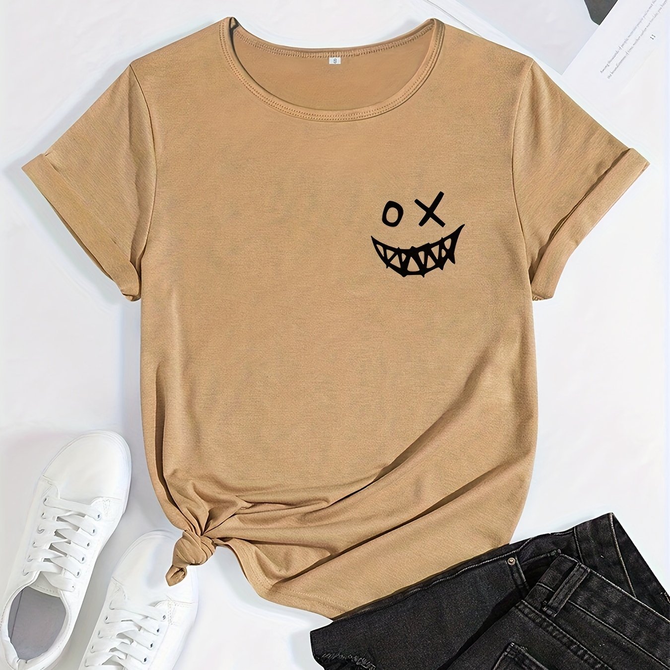 Funny Print T-Shirt, Crew Neck Short Sleeve T-Shirt, Casual Sport Tops, Women's Clothing