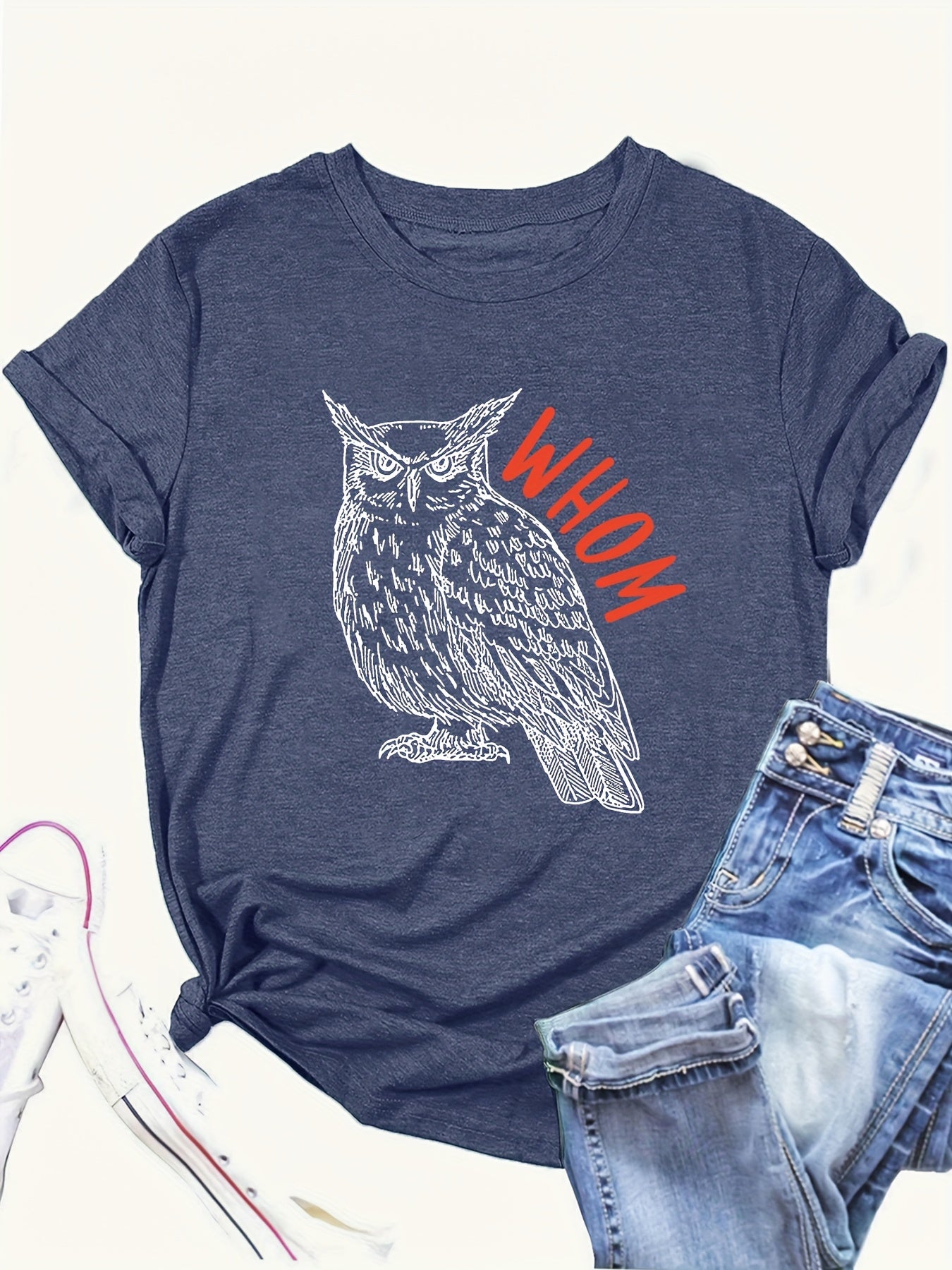 Owl Print T-shirt, Casual Short Sleeve Crew Neck Top For Spring & Summer, Women's Clothing